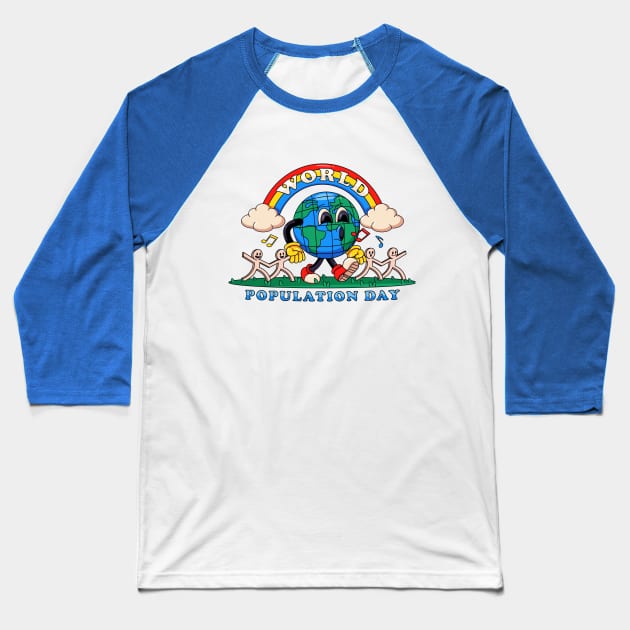 World population day, earth walks happily while holding on to paper humans Baseball T-Shirt by Vyndesign